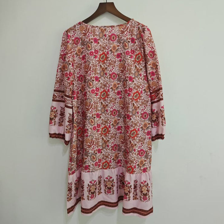 Women's Elegant V-Neck Fringe Bow Floral Print Dress Long Sleeve Comfortable Spring&Summer Dress