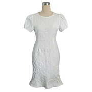 Women's Floral Jacquard Dress Women's Short Puff Sleeve Crew Neck Ruffle Hem Bodycon Dresses