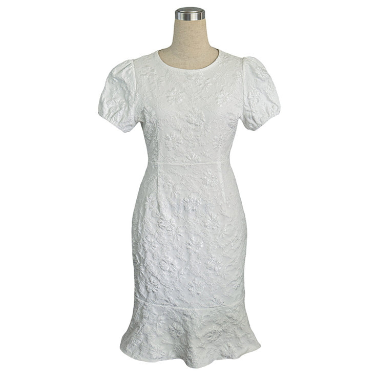 Women's Floral Jacquard Dress Women's Short Puff Sleeve Crew Neck Ruffle Hem Bodycon Dresses