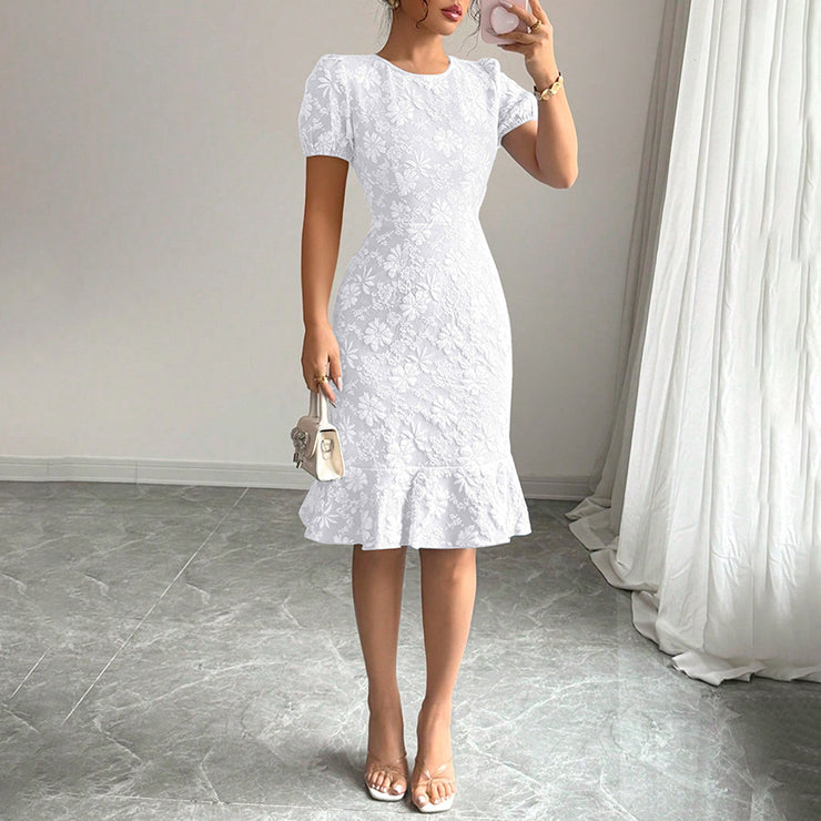 Women's Floral Jacquard Dress Women's Short Puff Sleeve Crew Neck Ruffle Hem Bodycon Dresses