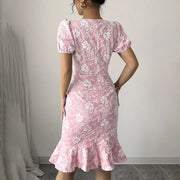 Women's Floral Jacquard Dress Women's Short Puff Sleeve Crew Neck Ruffle Hem Bodycon Dresses