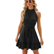 Solid Color Round Neck Halter Lace-up Dress Women