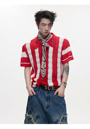 Men's Patchwork Striped Niche Retro Knitted Short Sleeved Shirt