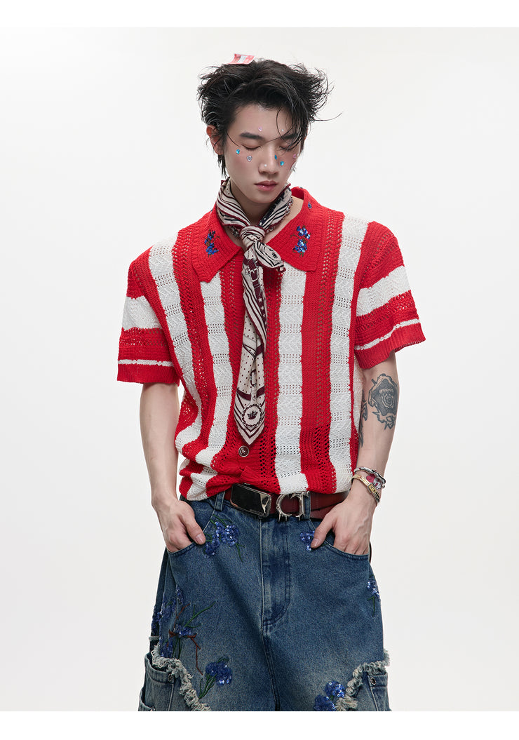 Men's Patchwork Striped Niche Retro Knitted Short Sleeved Shirt