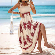 Women's Wide Strap Printed Maxi Dress With Bust Pleats, A-Line Vacation Dress