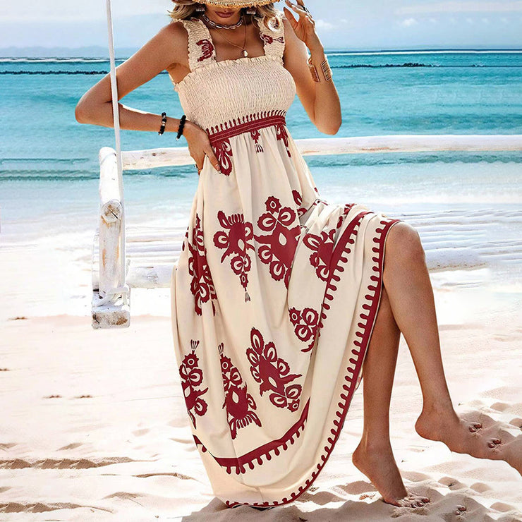 Women's Wide Strap Printed Maxi Dress With Bust Pleats, A-Line Vacation Dress