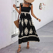 Women's Wide Strap Printed Maxi Dress With Bust Pleats, A-Line Vacation Dress