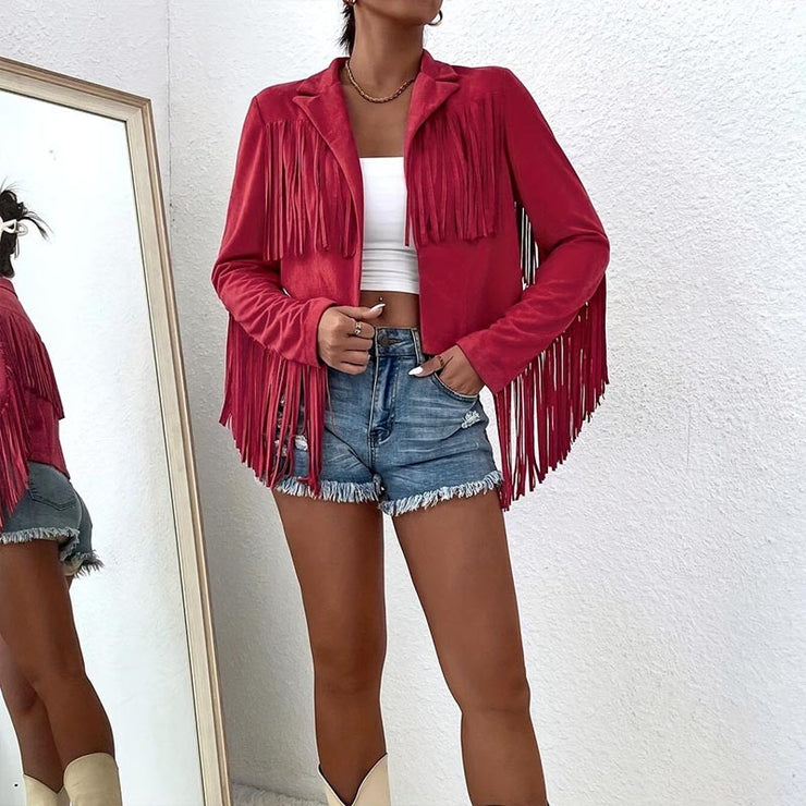Women's Solid Color Fashion Lapel Loose Fit Fringe Long Sleeve Jacket - Stylish Tassel Detail On Chest & Sleeves For Fall&Winter Casual Wear