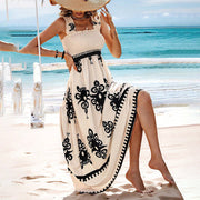Women's Wide Strap Printed Maxi Dress With Bust Pleats, A-Line Vacation Dress