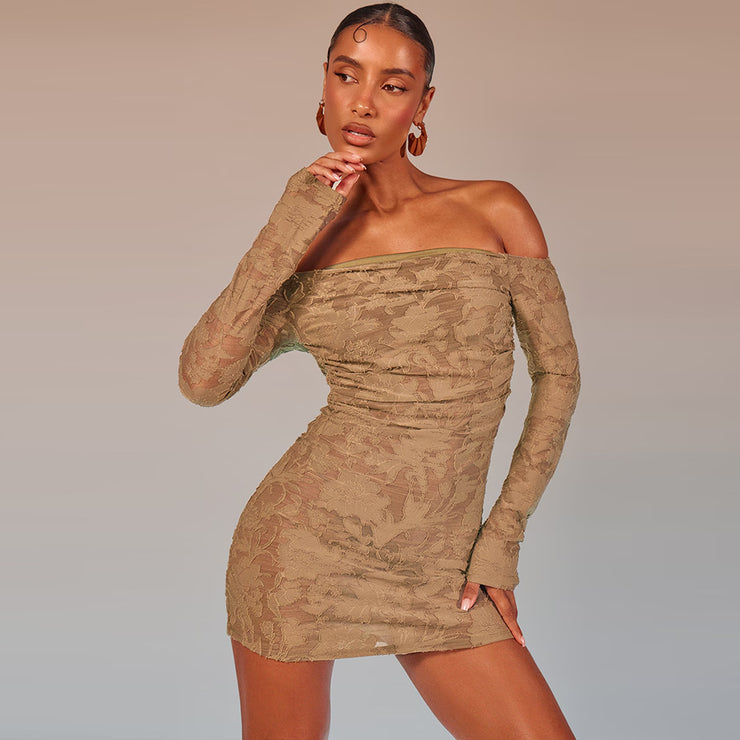 Women's Autumn High Elastic 3D Flower Cutout Backless Off-shoulder Long Sleeve Dress