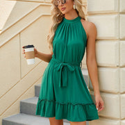 Solid Color Round Neck Halter Lace-up Dress Women