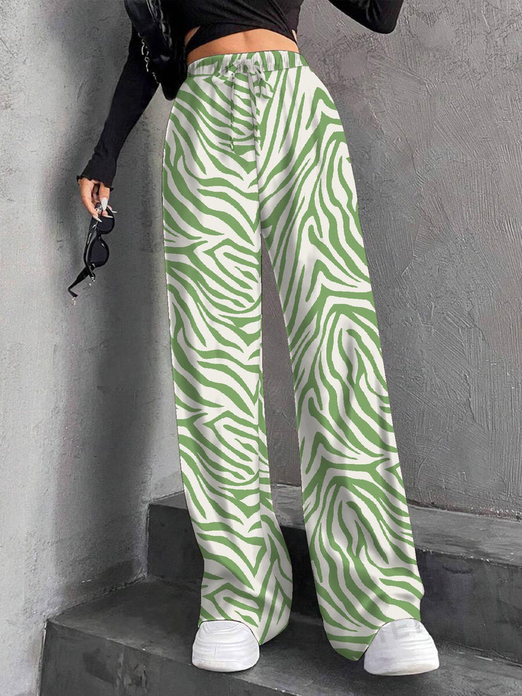 New Women's Elastic Waist Pinstripe Road Straight Wide Leg