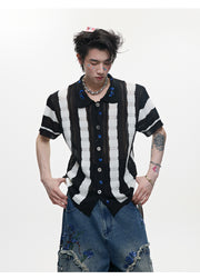 Men's Patchwork Striped Niche Retro Knitted Short Sleeved Shirt