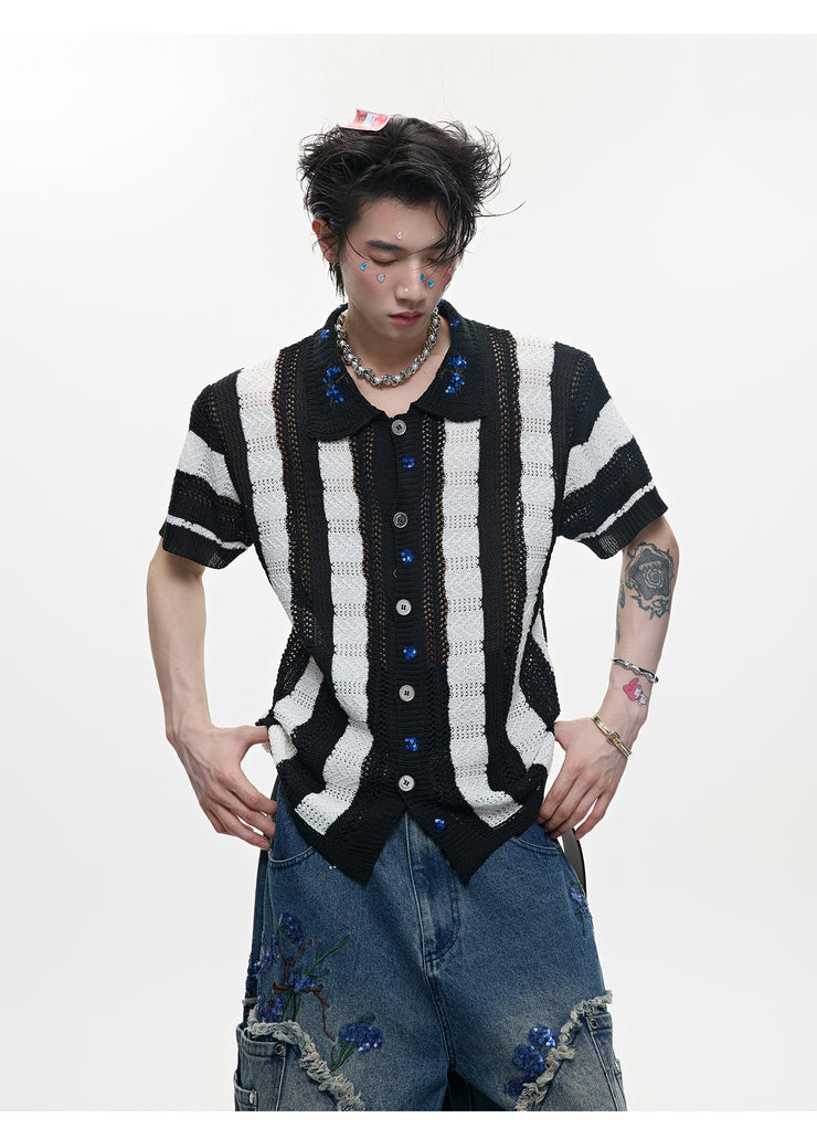 Men's Patchwork Striped Niche Retro Knitted Short Sleeved Shirt