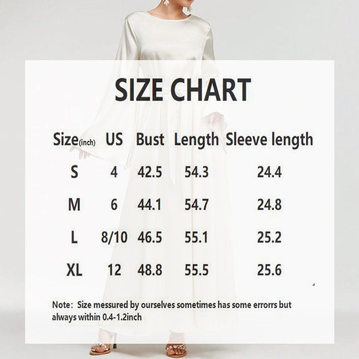 Elegant Round Neck Solid Color Flared Maxi Dress Long Sleeve With Pearl Cuff Detail, Modest A-Line Middle Eastern Abaya Party & Vacation Dress For Women
