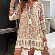 Women's Elegant V-Neck Fringe Bow Floral Print Dress Long Sleeve Comfortable Spring&Summer Dress