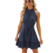 Solid Color Round Neck Halter Lace-up Dress Women