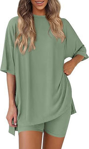 Casual Crew Neck Split Loose Shorts Short Sleeve Home Wear Suit