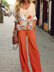 Half Sleeve Round Neck Top Lengthened Trousers Printed Women's Suit