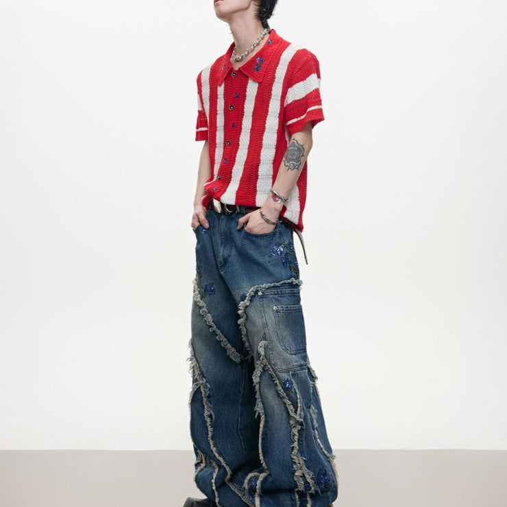 Men's Patchwork Striped Niche Retro Knitted Short Sleeved Shirt