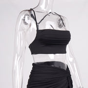 Pleated Crop-top Spaghetti-strap High Slit Long Skirt Two-piece Suit