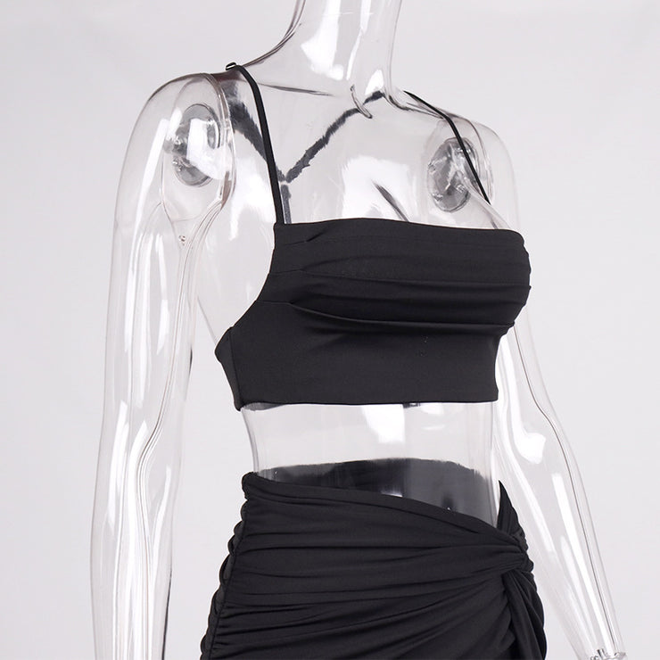 Pleated Crop-top Spaghetti-strap High Slit Long Skirt Two-piece Suit