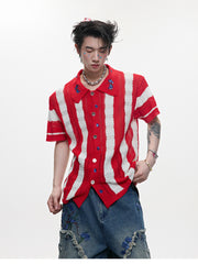 Men's Patchwork Striped Niche Retro Knitted Short Sleeved Shirt