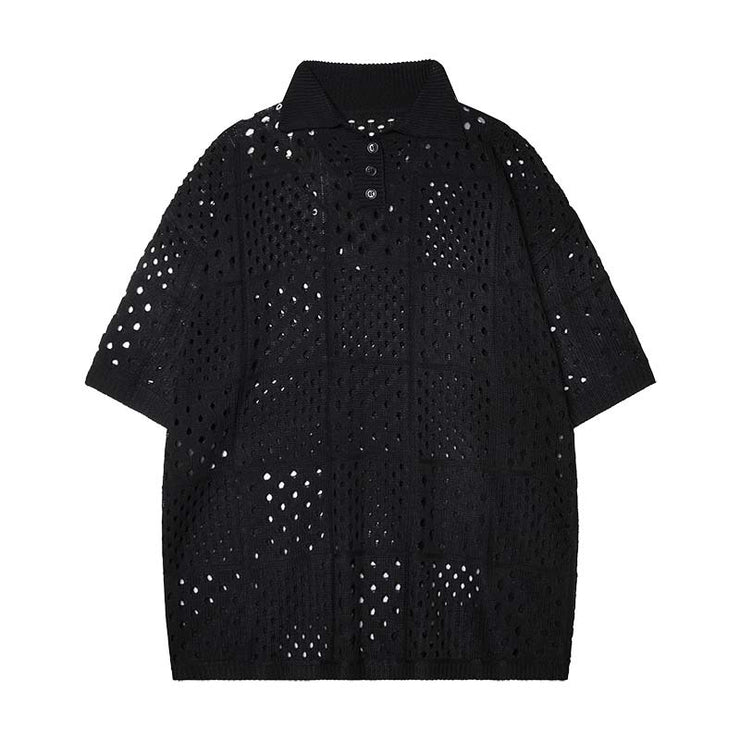 Solid Color Hollow High Sense Short-sleeved Knitting Polo Shirt