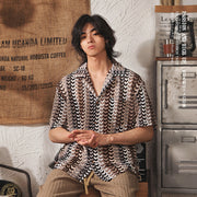 Japanese Style Cuban Collar National Style Hollow Jacquard Color Matching Short Sleeve