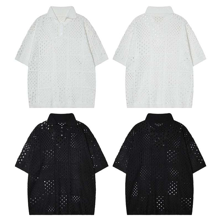 Solid Color Hollow High Sense Short-sleeved Knitting Polo Shirt