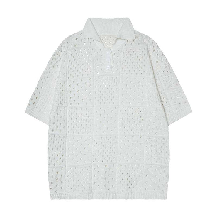 Solid Color Hollow High Sense Short-sleeved Knitting Polo Shirt