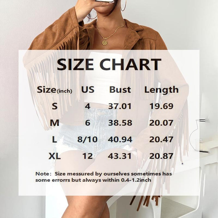 Women's Solid Color Fashion Lapel Loose Fit Fringe Long Sleeve Jacket - Stylish Tassel Detail On Chest & Sleeves For Fall&Winter Casual Wear