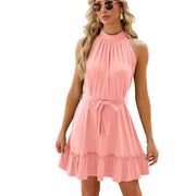 Solid Color Round Neck Halter Lace-up Dress Women