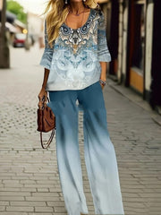 Half Sleeve Round Neck Top Lengthened Trousers Printed Women's Suit