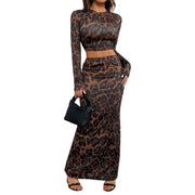 Round Neck Sexy Sheath Long Sleeve Leopard-print Slim-fit Split Suit