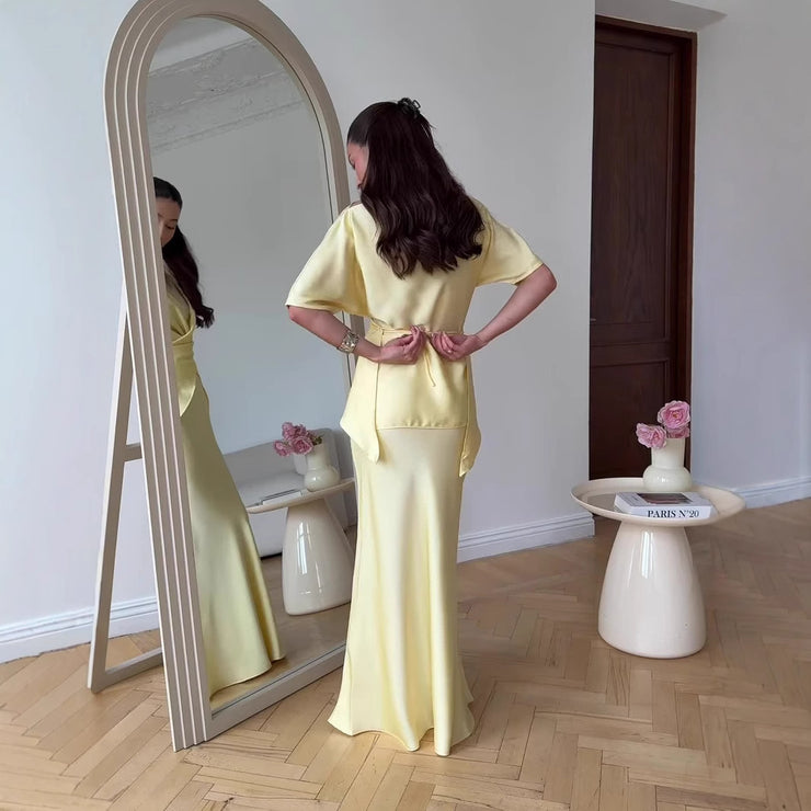 Short Sleeve Tied Top & Maxi Mid-length Dress Set