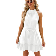 Solid Color Round Neck Halter Lace-up Dress Women