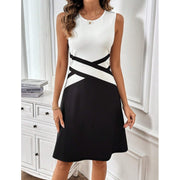 Womens Sleeveless Mini Dress Summer Black White Color Block Crewneck Casual Loose Tank Dresses
