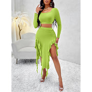 Women Summer 2 Piece Skirt Sets Long Sleeve Square Neck Crop Top Ruffle Trim Irregular Split Sexy Club Party Skirt Outfits