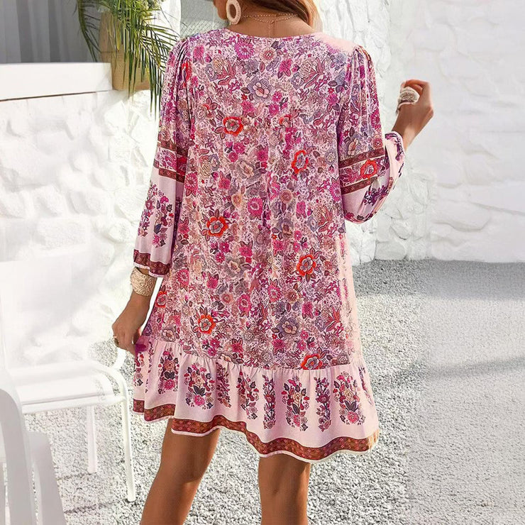 Women's Elegant V-Neck Fringe Bow Floral Print Dress Long Sleeve Comfortable Spring&Summer Dress
