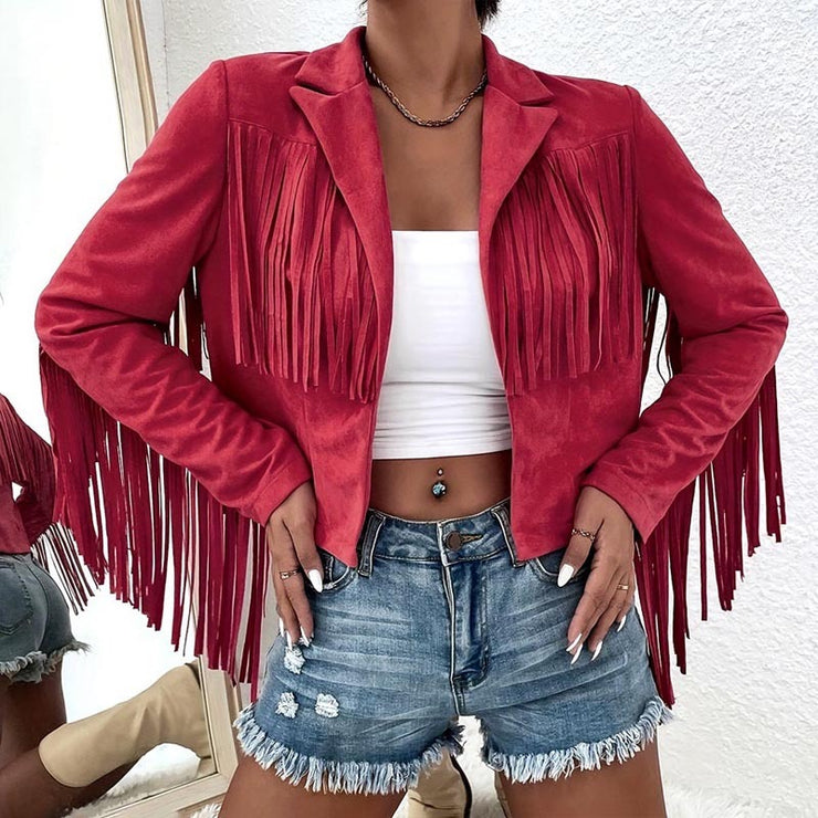 Women's Solid Color Fashion Lapel Loose Fit Fringe Long Sleeve Jacket - Stylish Tassel Detail On Chest & Sleeves For Fall&Winter Casual Wear
