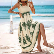Women's Wide Strap Printed Maxi Dress With Bust Pleats, A-Line Vacation Dress