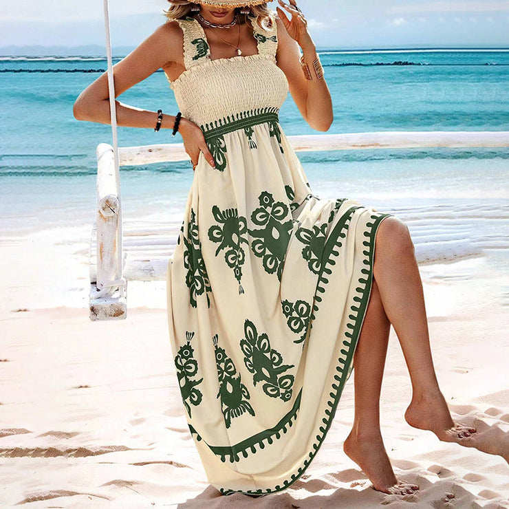 Women's Wide Strap Printed Maxi Dress With Bust Pleats, A-Line Vacation Dress