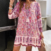 Women's Elegant V-Neck Fringe Bow Floral Print Dress Long Sleeve Comfortable Spring&Summer Dress