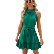 Solid Color Round Neck Halter Lace-up Dress Women