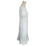 Women's Floral Jacquard Dress Women's Short Puff Sleeve Crew Neck Ruffle Hem Bodycon Dresses