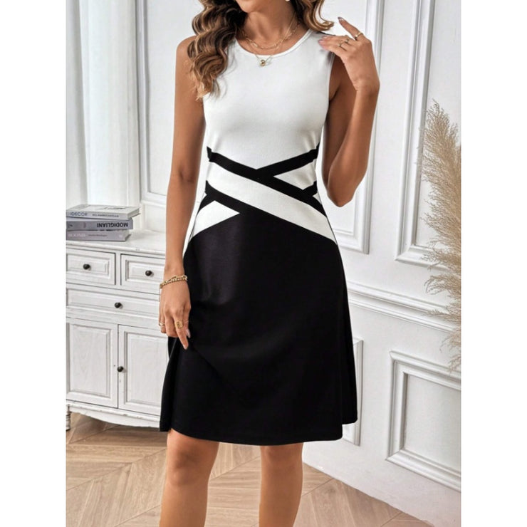 Womens Sleeveless Mini Dress Summer Black White Color Block Crewneck Casual Loose Tank Dresses