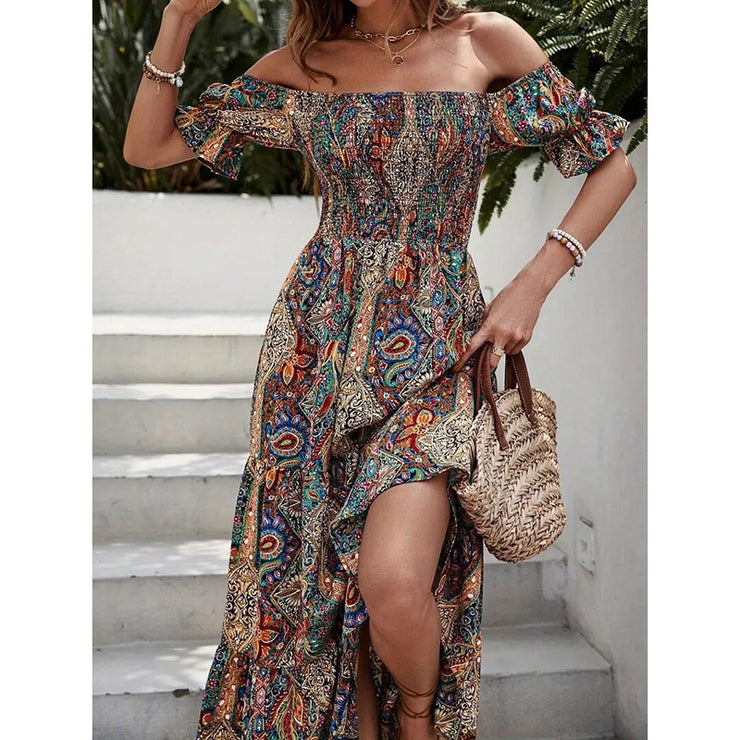 Women's Off The Shoulder Dresses Boho Flowy Smocked Maxi Sundress Beach Vacation Summer Dress