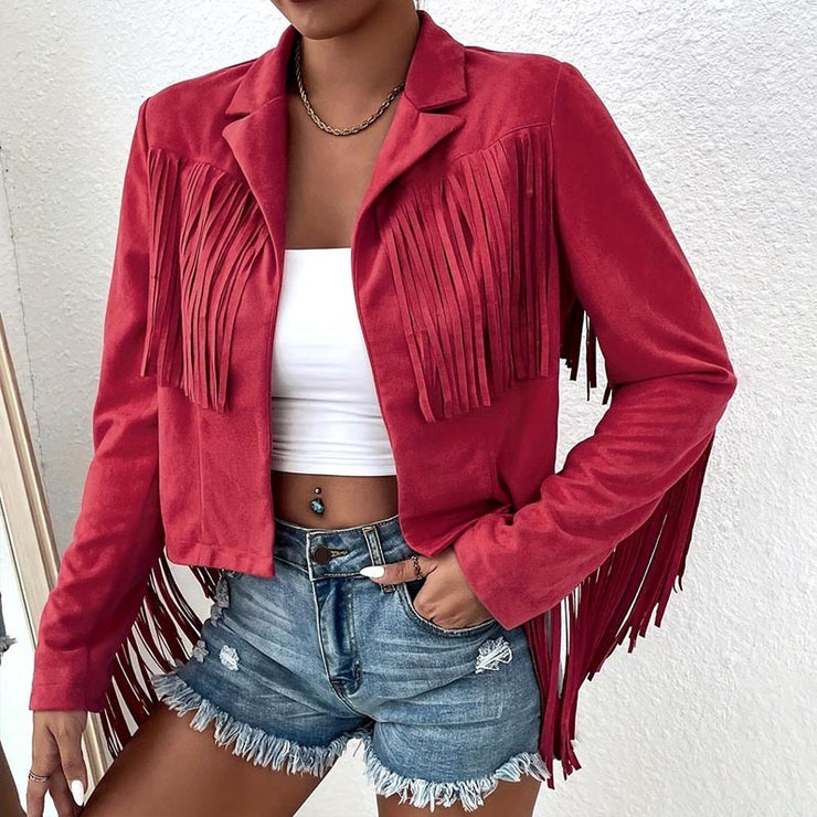Women's Solid Color Fashion Lapel Loose Fit Fringe Long Sleeve Jacket - Stylish Tassel Detail On Chest & Sleeves For Fall&Winter Casual Wear