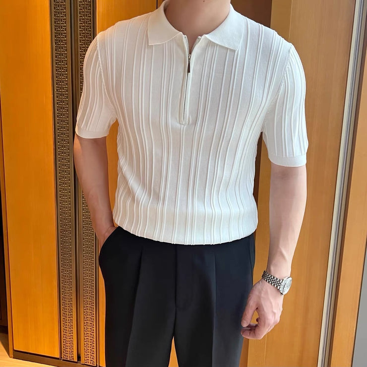 Casual Zipper Short Sleeve Men's Retro Elegant Jacquard Lapel